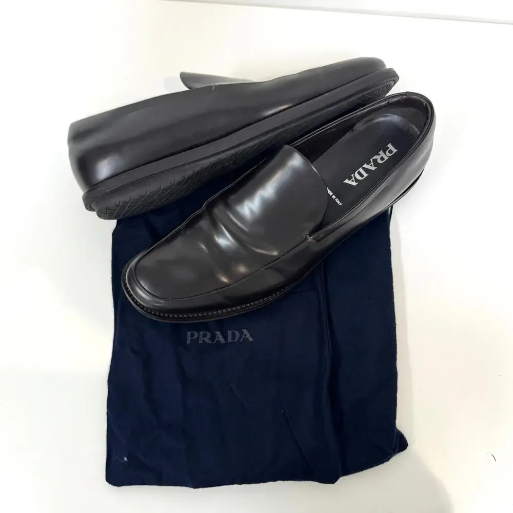 PRADA Black Leather Rubber Sole Loafer 10 Slip On Patent Sneaker Dress Shoe